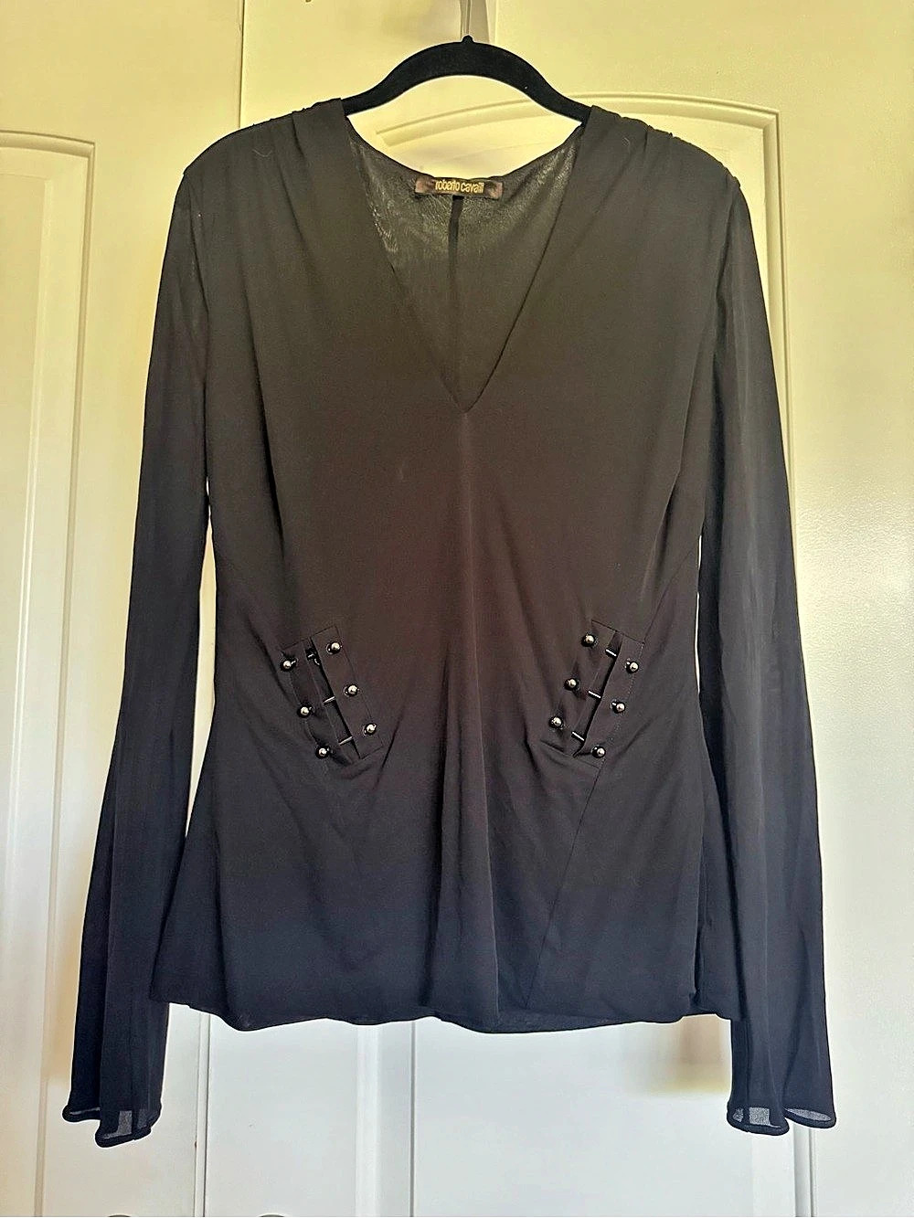 Roberto Cavalli Long Sleeve V-Neck Blouse in Black Size Medium